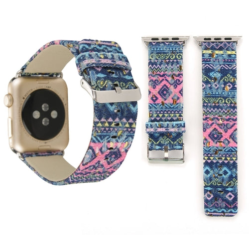 For Apple Watch Series 3 & 2 & 1 38mm Ethnic Style Retro Canvas + Genuine Leather Wrist Watch Band(Blue)