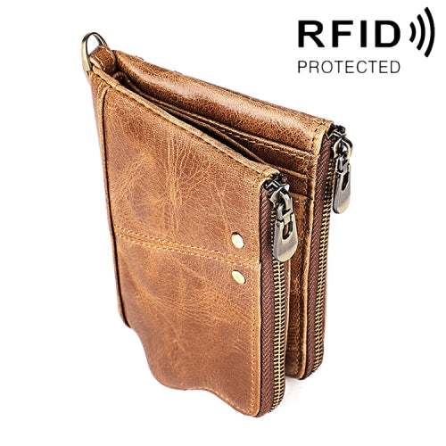 3533 Long Crazy Horse Texture Cowhide Leather Folding Anti-magnetic RFID Wallet Clutch Bag for Men, with Card Slots(Yellowish-brown)