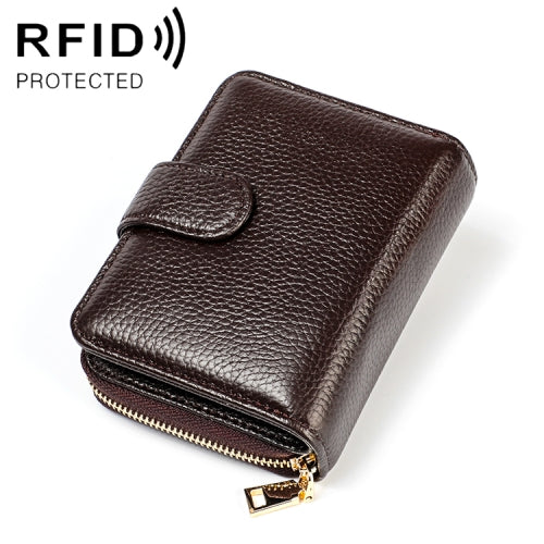 KB192 Buckle Zipper Cowhide Leather Organ Shape Multiple Card Slots Anti-magnetic RFID Wallet Clutch Bag for Men(Coffee)