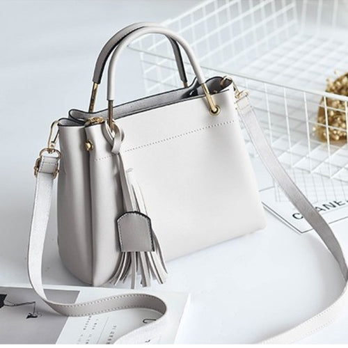Leisure Fashion PU Slant Shoulder Bag Handbag Tassel Bag(White)