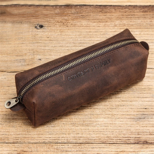 CONTACTS FAMILY CF9001 Simple Retro Crazy Horse Leather Zipper Pencil Case Pen Bag(Coffee)