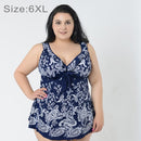 Gather Chest Swimwear Dress Two-Pieces Separates Skirt Floral Print Over-sized Swimsuits for Fat Women, Size: 6XL(Dark Blue)