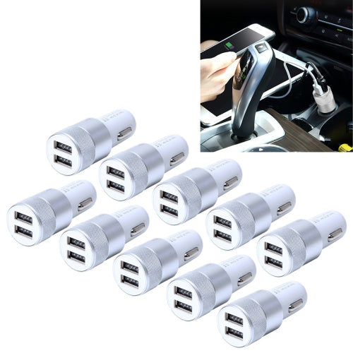 10 PCS Car Auto 5V Dual USB 2.1A/1A Cigarette Lighter Adapter for Most Phones(Silver)