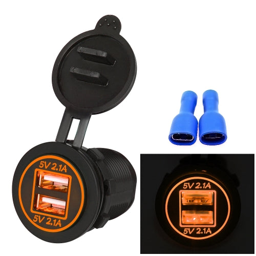 Universal Car Charger 2 Port Power Socket Power Dual USB Charger 5V 4.2A IP66 with Aperture (Orange Light)