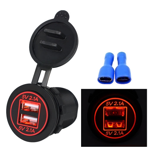 Universal Car Charger 2 Port Power Socket Power Dual USB Charger 5V 4.2A IP66 with Aperture (Red Light)