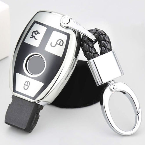 TPU One-piece Electroplating Full Coverage Car Key Case with Key Ring for Mercedes-Benz C (Silver)
