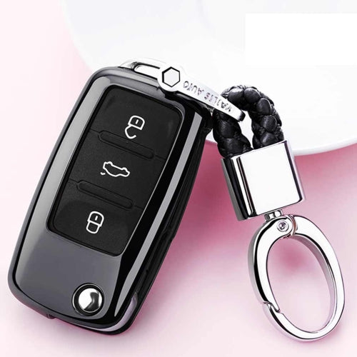 Electroplating TPU Single-shell Car Key Case with Key Ring for Volkswagen Lavida / SAGITAR / Jetta / C-TREK / BORA / Tiguan / Santana / POLO (Black)