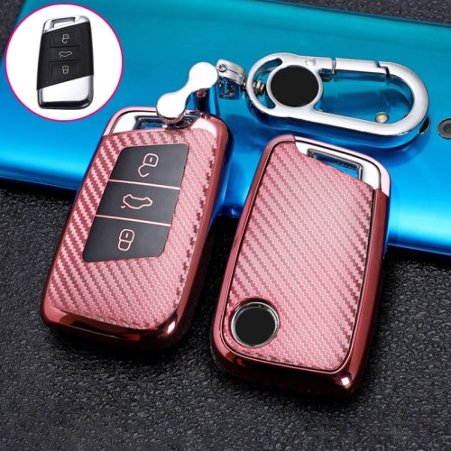 For Skoda Smart 3-button Car TPU Key Protective Cover Key Case with Key Ring (Pink)