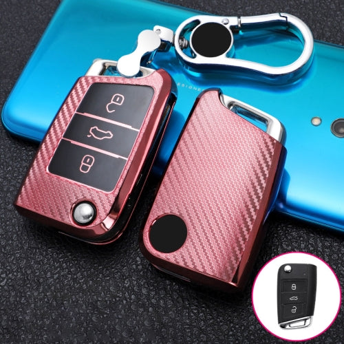 For Skoda Folding 3-button B Version Car TPU Key Protective Cover Key Case with Key Ring (Pink)