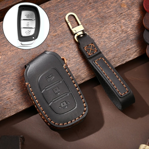Hallmo Car Cowhide Leather Key Protective Cover Key Case for Hyundai IX35 B Style (Black)