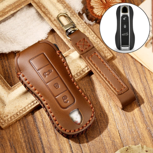 Hallmo Car Cowhide Leather Key Protective Cover Key Case for Porsche Macan 718 2021 B Style (Brown)