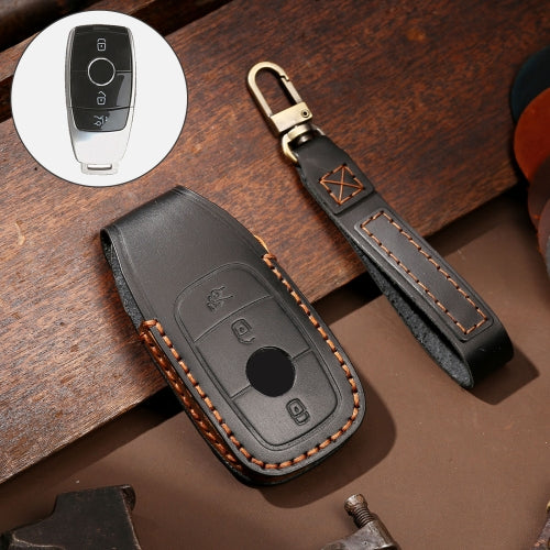 Hallmo Car Cowhide Leather Key Protective Cover Key Case for New Mercedes-Benz E300L (Black)