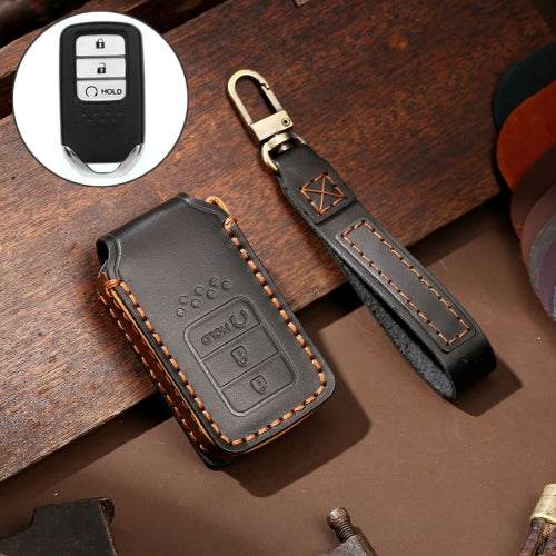 Hallmo Car Cowhide Leather Key Protective Cover Key Case for Honda 3-button Start (Black)