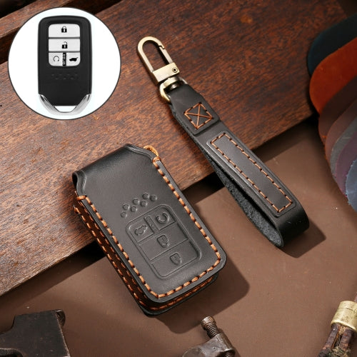 Hallmo Car Cowhide Leather Key Protective Cover Key Case for Honda 4-button (Black)