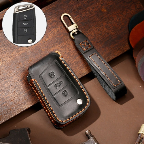 Hallmo Car Cowhide Leather Key Protective Cover Key Case for Volkswagen Lavida B Style (Black)