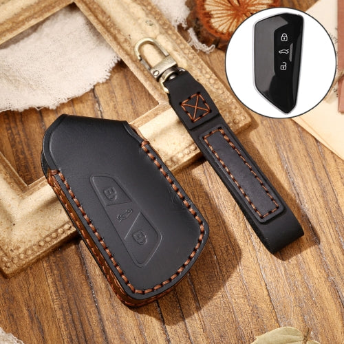 Hallmo Car Cowhide Leather Key Protective Cover Key Case for Volkswagen Golf 8 (Black)