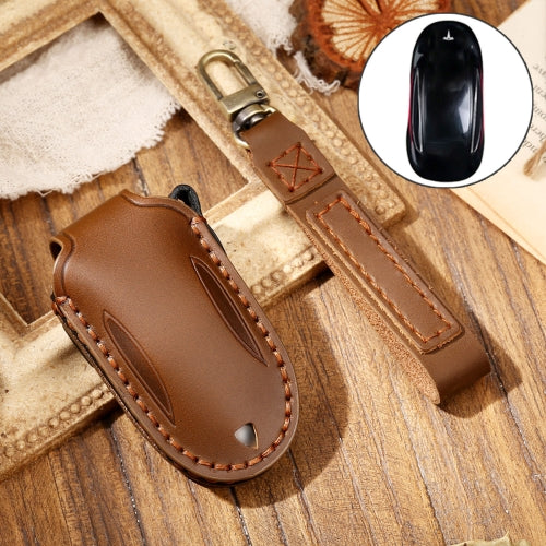 Hallmo Car Cowhide Leather Key Protective Cover Key Case for Tesla Model 3 A Style (Brown)