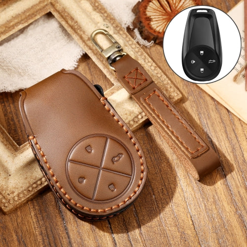 Hallmo Car Cowhide Leather Key Protective Cover Key Case for NIO ES6 / ES8 (Brown)