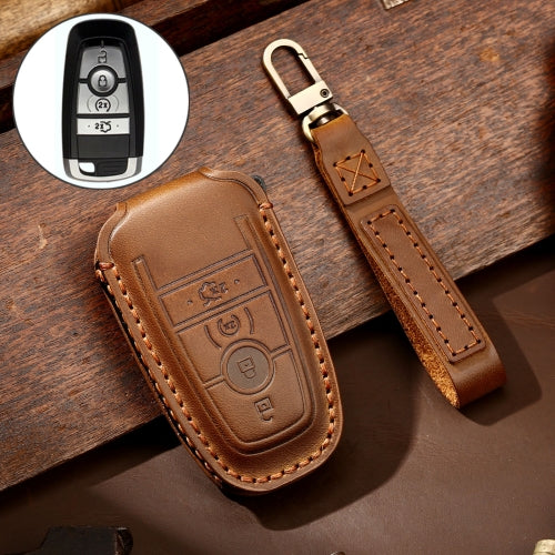 Hallmo Car Cowhide Leather Key Protective Cover Key Case for Ford Focus C Style (Brown)