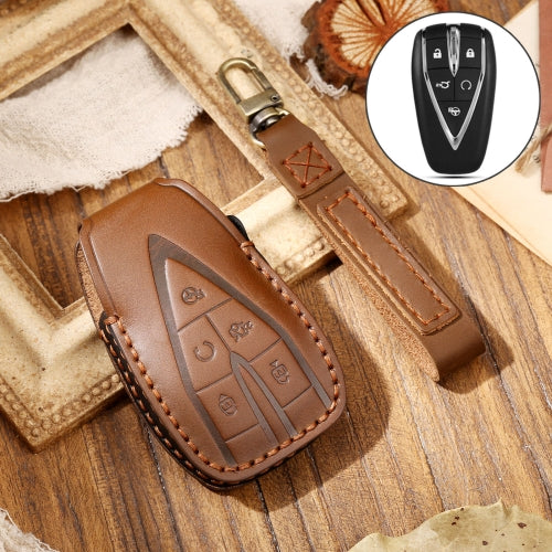 Hallmo Car Cowhide Leather Key Protective Cover Key Case for Changan CS75 Plus (Brown)