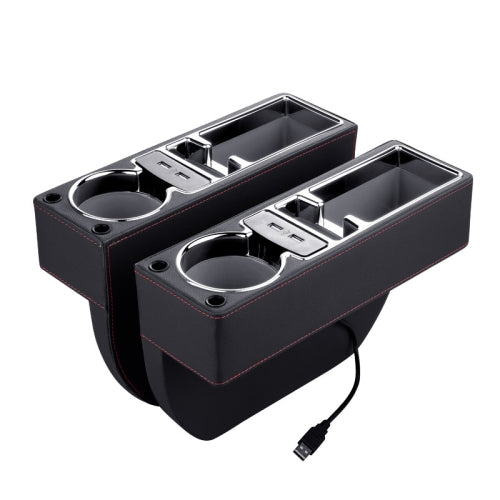 Car Multi-functional Dual USB Console PU Leather Box Cup Holder Seat Gap Side Storage Box (Black)