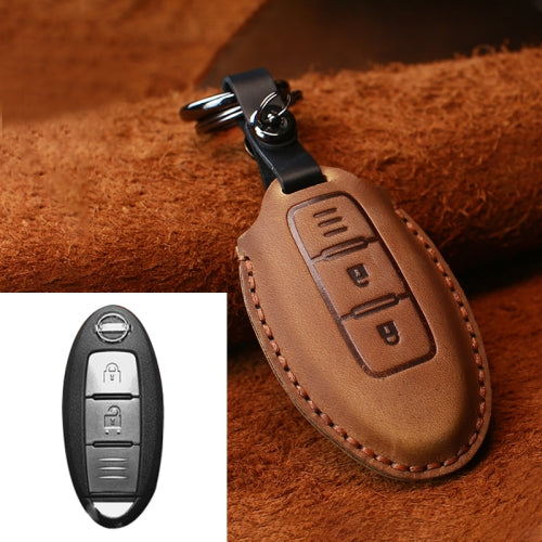 For Nissan Car Cowhide Leather Key Protective Cover Key Case, Three Keys Horizontal Line Version (Brown)