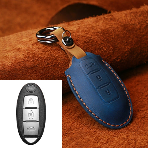 For Nissan Car Cowhide Leather Key Protective Cover Key Case, Three Keys Tailgate Version (Blue)