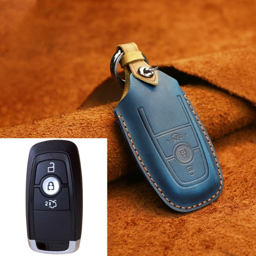 For Ford Car Cowhide Leather Key Protective Cover Key Case, Three Keys Version (Blue)