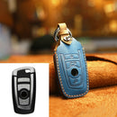 For BMW Old Style Car Cowhide Leather Key Protective Cover Key Case, Three Keys Version (Blue)