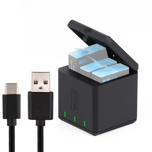 RUIGPRO USB Triple Batteries Housing Charger Box with USB Cable & LED Indicator Light for GoPro HERO9 Black (Black)