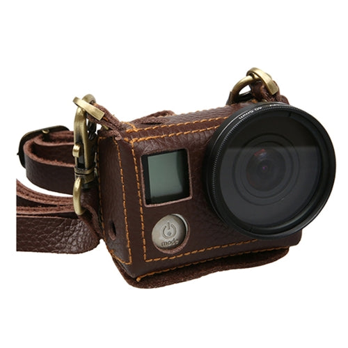 For GoPro HERO4 Litchi Texture Genuine Leather Protective Case with Sling(Brown)