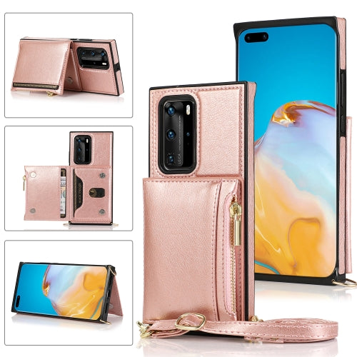 For Huawei P40 Pro Square Zipper Wallet Bag TPU+PU Back Cover Case with Holder & Card Slots & Wallet & Cross-body Strap(Rose Glod)