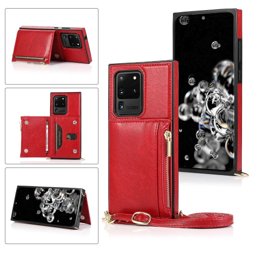 For Samsung Galaxy S20 Ultra Square Zipper Wallet Bag TPU+PU Back Cover Case with Holder & Card Slots & Wallet & Cross-body Strap(Red)