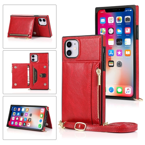 Square Zipper Wallet Bag TPU+PU Back Cover Case with Holder & Card Slots & Wallet & Cross-body Strap For iPhone 11(Red)