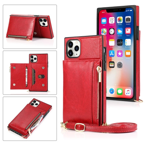 Square Zipper Wallet Bag TPU+PU Back Cover Case with Holder & Card Slots & Wallet & Cross-body Strap For iPhone 11 Pro Max(Red)