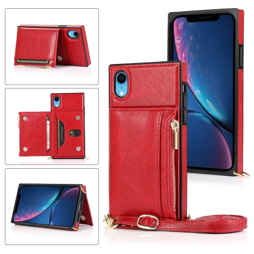 Square Zipper Wallet Bag TPU+PU Back Cover Case with Holder & Card Slots & Wallet & Cross-body Strap For iPhone XR(Red)