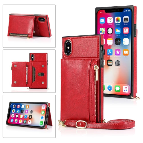 Square Zipper Wallet Bag TPU+PU Back Cover Case with Holder & Card Slots & Wallet & Cross-body Strap For iPhone XS Max(Red)