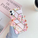 Gold Rimmed Splicing Marble Pattern Plating Double-layer PC Case For iPhone 11(Pink Flowers)