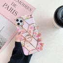 Gold Rimmed Splicing Marble Pattern Plating Double-layer PC Case with Ring Holder For iPhone 12 mini(Pink Flowers)