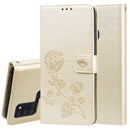 For Samsung Galaxy A21s Rose Embossed Horizontal Flip PU Leather Case with Holder & Card Slots & Wallet(Gold)