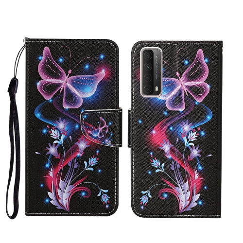 For Huawei P Smart 2021 / Y7a Colored Drawing Pattern Horizontal Flip Leather Case with Holder & Card Slots & Wallet(Fluorescent Butterfly)