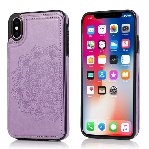 Double Buckle Mandala Pattern PU+TPU Protective Case with Card Slots & Holder & Photo Frame For iPhone XR(Purple)
