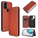 For OnePlus Nord N10 5G Carbon Fiber Texture Magnetic Horizontal Flip TPU + PC + PU Leather Case with Card Slot(Brown)