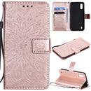For Samsung Galaxy M01 Pressed Printing Sunflower Pattern Horizontal Flip PU Leather Case with Holder & Card Slots & Wallet & Lanyard(Rose Gold)