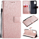 For Samsung Galaxy M31s Pressed Printing Sunflower Pattern Horizontal Flip PU Leather Case with Holder & Card Slots & Wallet & Lanyard(Rose Gold)
