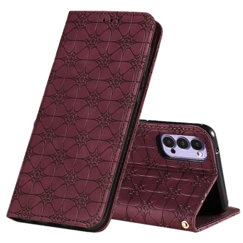 For OPPO Reno4 5G Lucky Flowers Embossing Pattern Magnetic Horizontal Flip Leather Case with Holder & Card Slots(Wine Red)