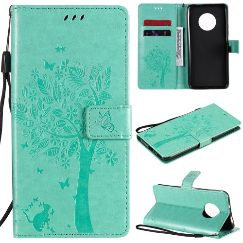 For Huawei Enjoy 20 Plus 5G Tree & Cat Pattern Pressed Printing Horizontal Flip PU Leather Case with Holder & Card Slots & Wallet & Lanyard(Green)