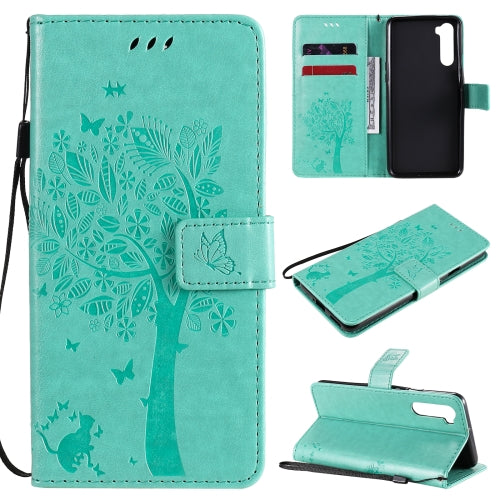 For OnePlus Nord Tree & Cat Pattern Pressed Printing Horizontal Flip PU Leather Case with Holder & Card Slots & Wallet & Lanyard(Green)