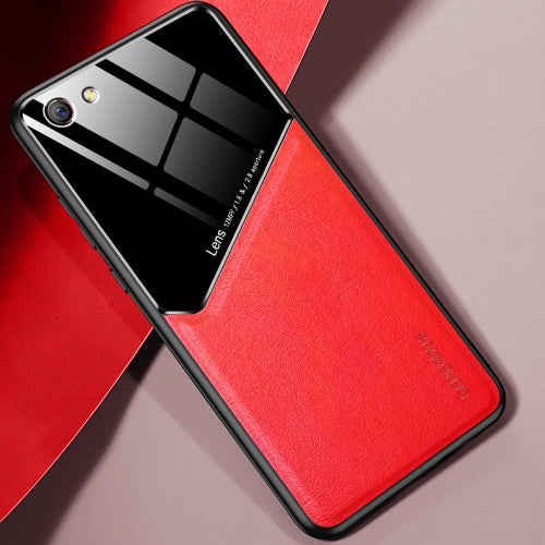 For OPPO R9s All-inclusive Leather + Organic Glass Protective Case with Metal Iron Sheet(Red)