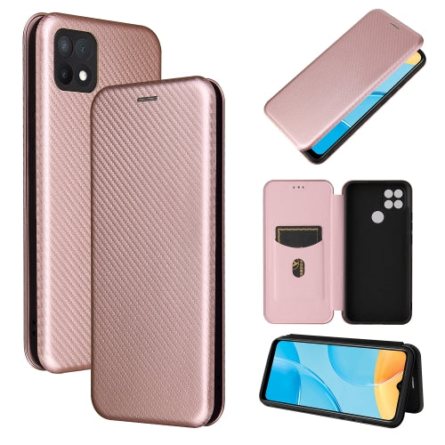 For OPPO A15 Carbon Fiber Texture Magnetic Horizontal Flip TPU + PC + PU Leather Case with Card Slot(Pink)